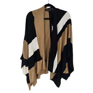 Parrish LA black tan white color block open front poncho cardigan One size NWT